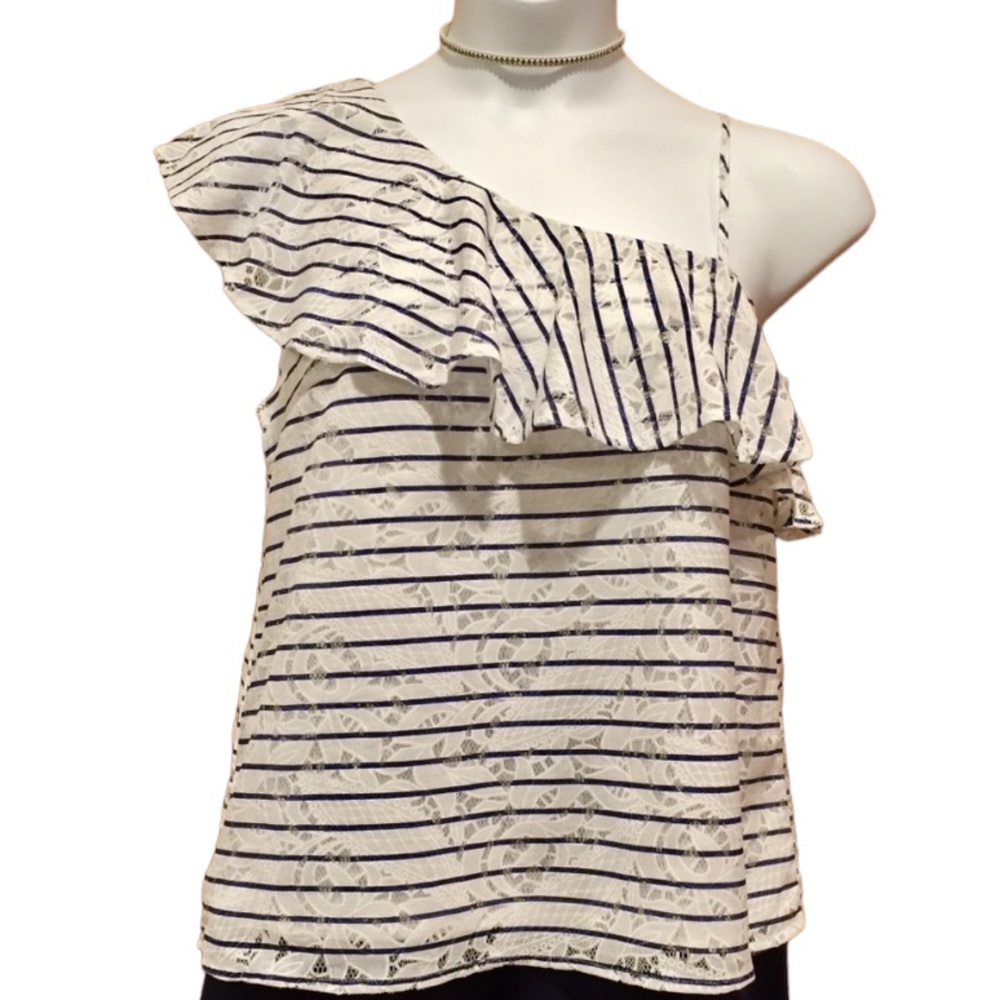 Blu Pepper Asymmetrical Ruffled Lace One Shoulder Stripe Top Small